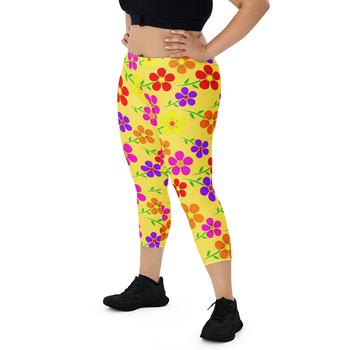 Yellow Floral Capri Leggings