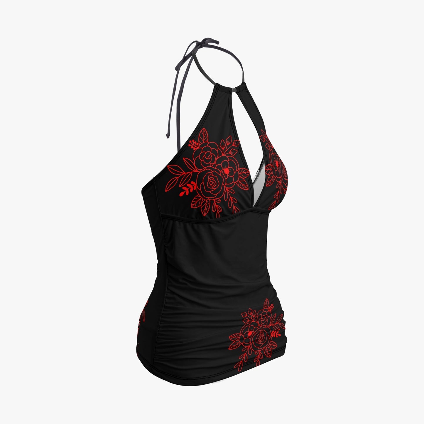 Dark Red flower  Halter Top Two-Piece Tankini Swimsuit